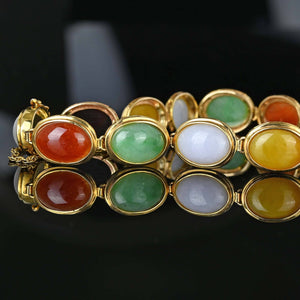 Vintage 14K Gold Oval Cabochon Jade Bracelet, Multi Color - Boylerpf