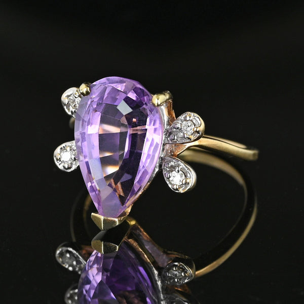 Vintage 14K Gold Diamond Wing Pear Cut Amethyst Ring - Boylerpf