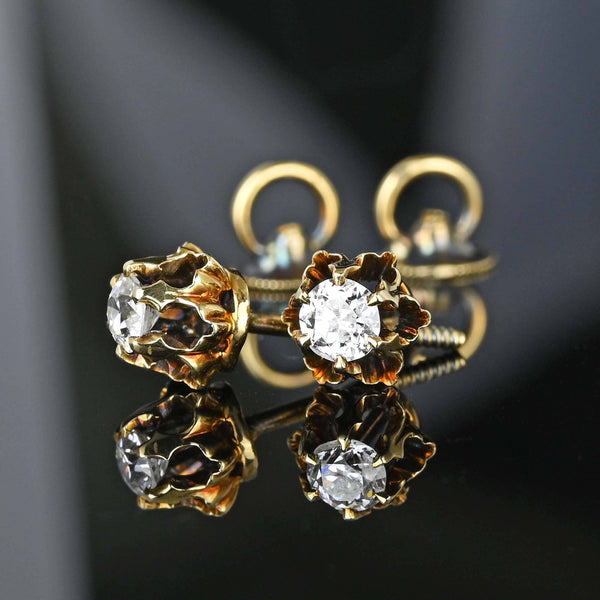 Antique 14K Gold European Cut Diamond Stud Earrings - Boylerpf