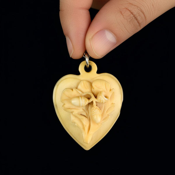 Antique Victorian Carved Oak Leaf Acorn Heart Pendant