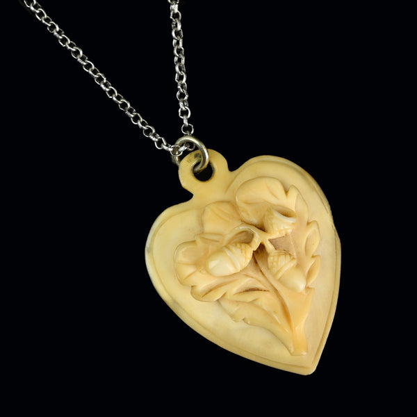 Antique Victorian Carved Oak Leaf Acorn Heart Pendant