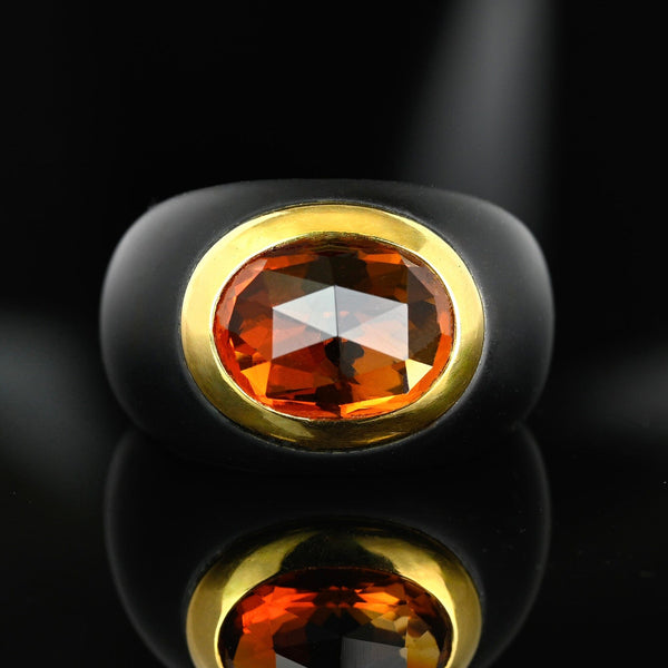 Vintage 14K Gold Citrine & Black Onyx Dome Signet Ring
