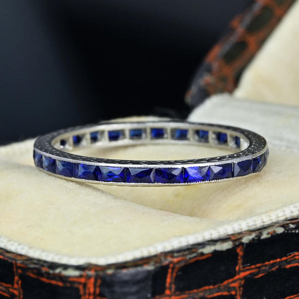 Art Deco Platinum French Cut Sapphire Wedding Band Ring