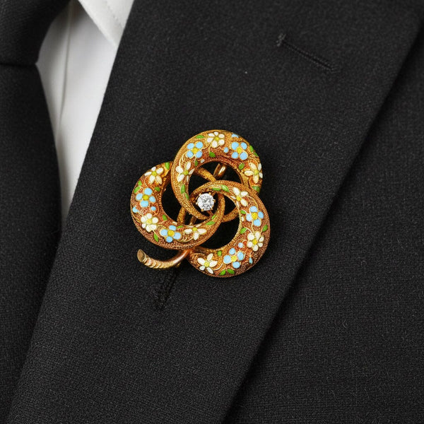 Antique 14K Enamel & Diamond Love Knot Brooch Pendant