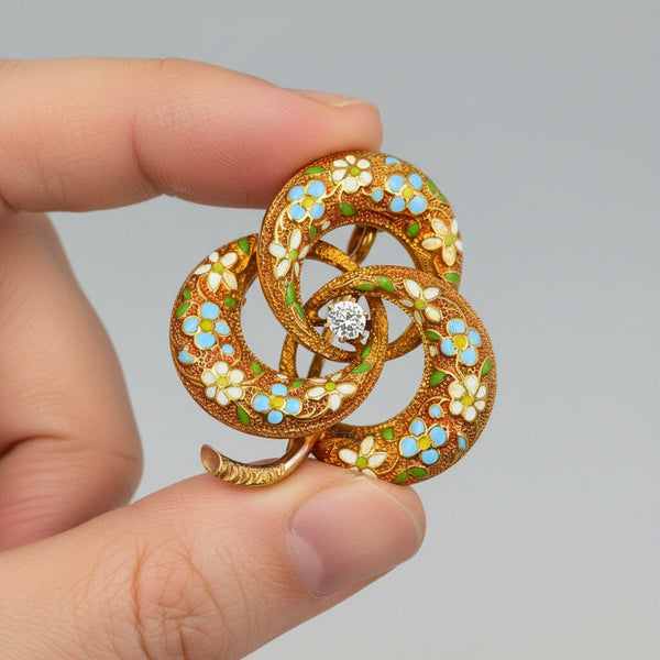 Antique 14K Enamel & Diamond Love Knot Brooch Pendant