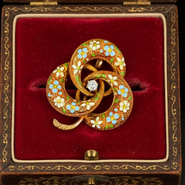 Antique 14K Enamel & Diamond Love Knot Brooch Pendant