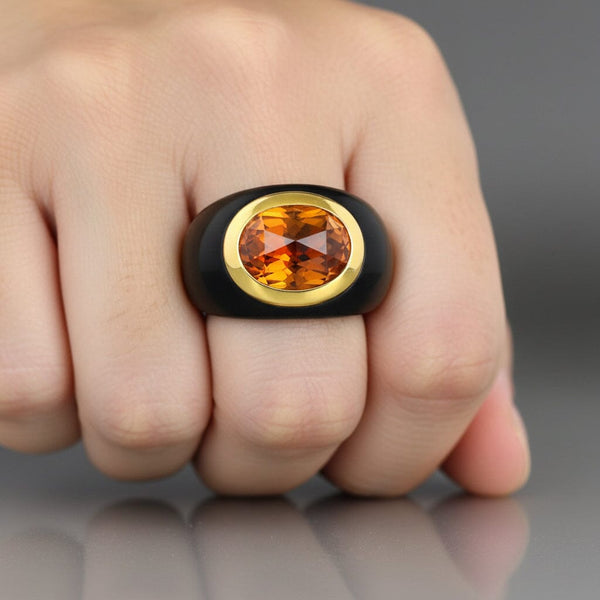 Vintage 14K Gold Citrine & Black Onyx Dome Signet Ring