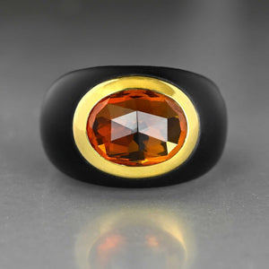 Vintage 14K Gold Citrine & Black Onyx Dome Signet Ring - Boylerpf