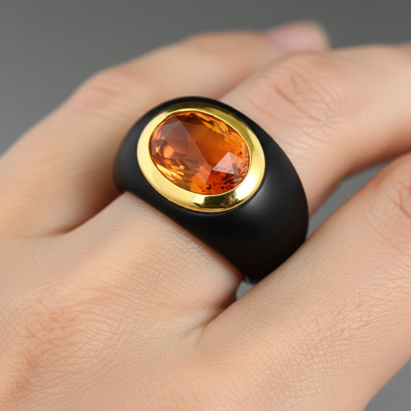 Vintage 14K Gold Citrine & Black Onyx Dome Signet Ring