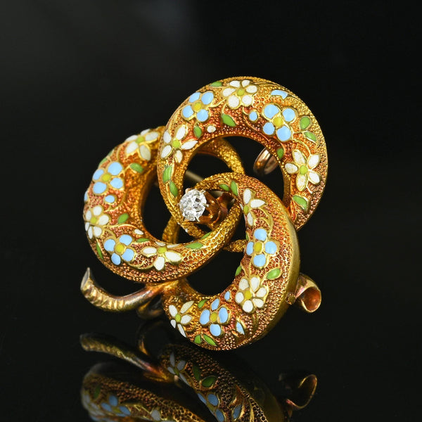 Antique 14K Enamel & Diamond Love Knot Brooch Pendant