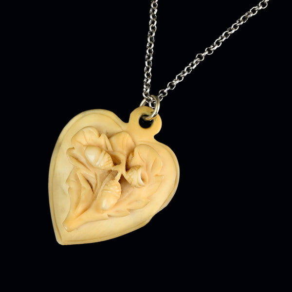 Antique Victorian Carved Oak Leaf Acorn Heart Pendant
