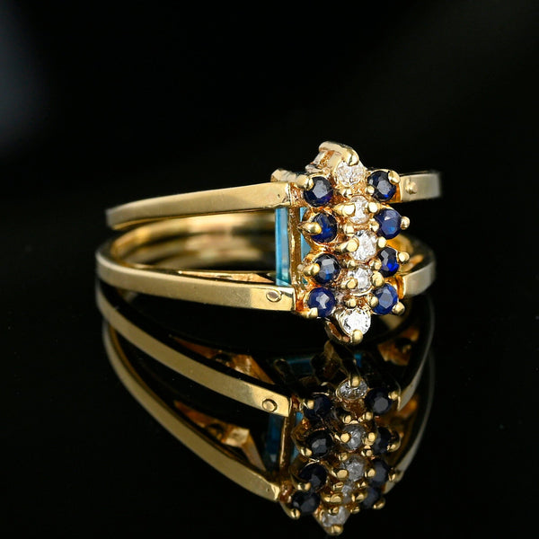 Reversible Blue Topaz Sapphire Diamond Cluster Flip Ring in 14k Gold - Boylerpf