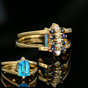 Reversible Blue Topaz Sapphire Diamond Cluster Flip Ring in 14k Gold - Boylerpf