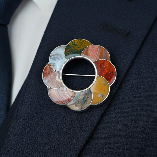 Large Antique Scottish Agate Brooch Pendant, C. 1860s