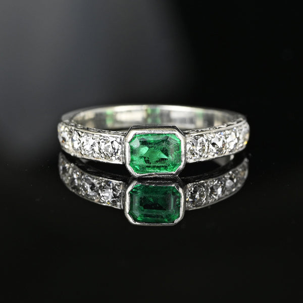 Art Deco Platinum Mine Cut Diamond Emerald Ring - Boylerpf