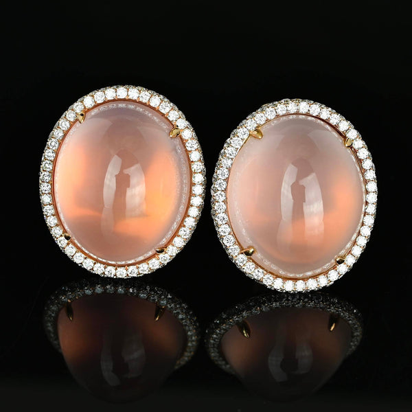 18K Rose Gold Rose Quartz Diamond Halo Earrings