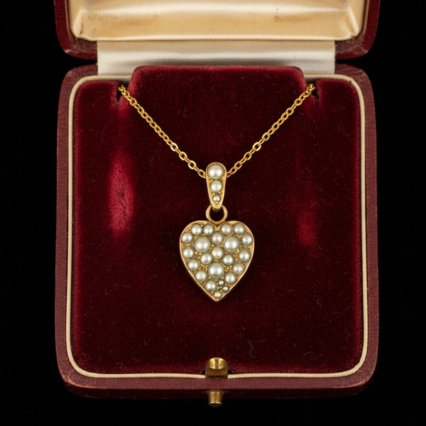 Antique Edwardian Pearl Puffy Heart Pendant Necklace
