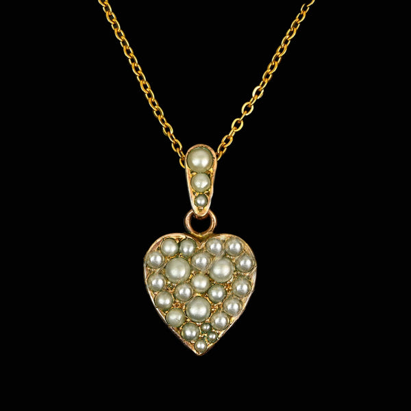 Antique Edwardian Pearl Puffy Heart Pendant Necklace