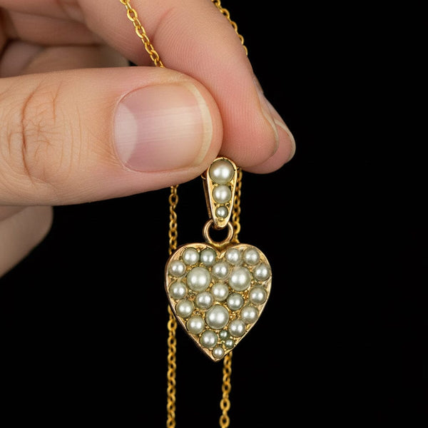 Antique Edwardian Pearl Puffy Heart Pendant Necklace