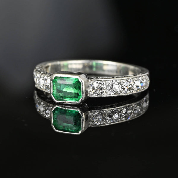 Art Deco Platinum Mine Cut Diamond Emerald Ring - Boylerpf
