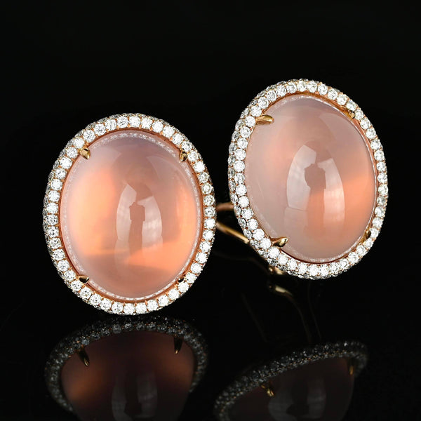 18K Rose Gold Rose Quartz Diamond Halo Earrings