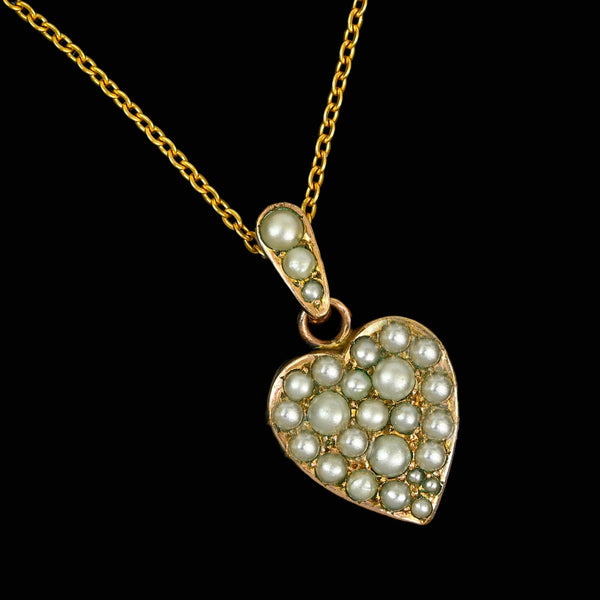 Antique Edwardian Pearl Puffy Heart Pendant Necklace