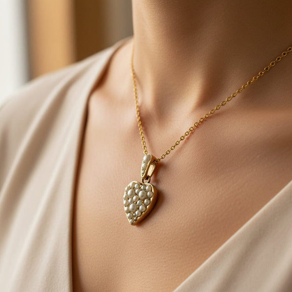 Antique Edwardian Pearl Puffy Heart Pendant Necklace