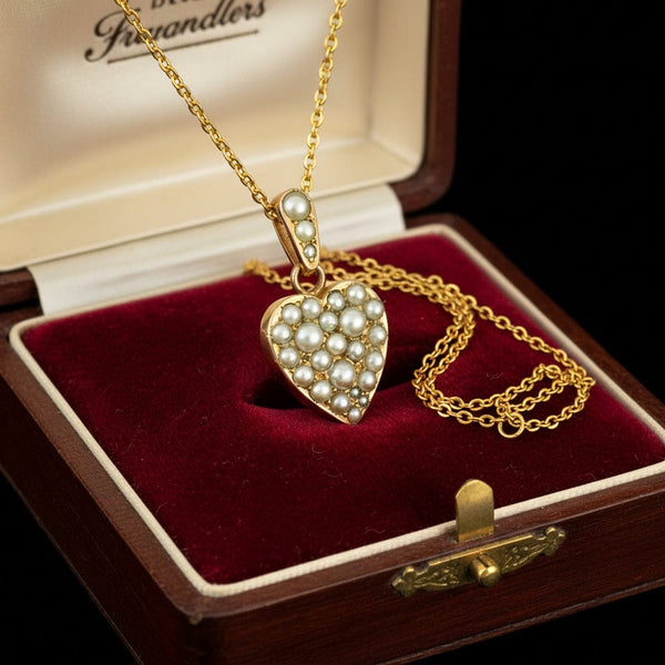 Antique Edwardian Pearl Puffy Heart Pendant Necklace