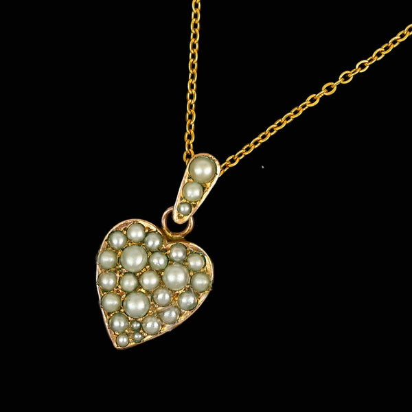 Antique Edwardian Pearl Puffy Heart Pendant Necklace