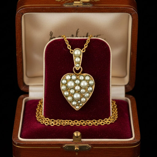 Antique Edwardian Pearl Puffy Heart Pendant Necklace