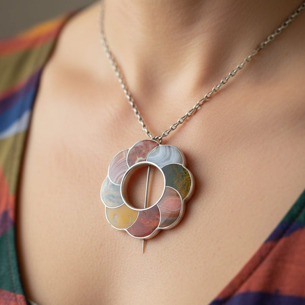 Large Antique Scottish Agate Brooch Pendant, C. 1860s