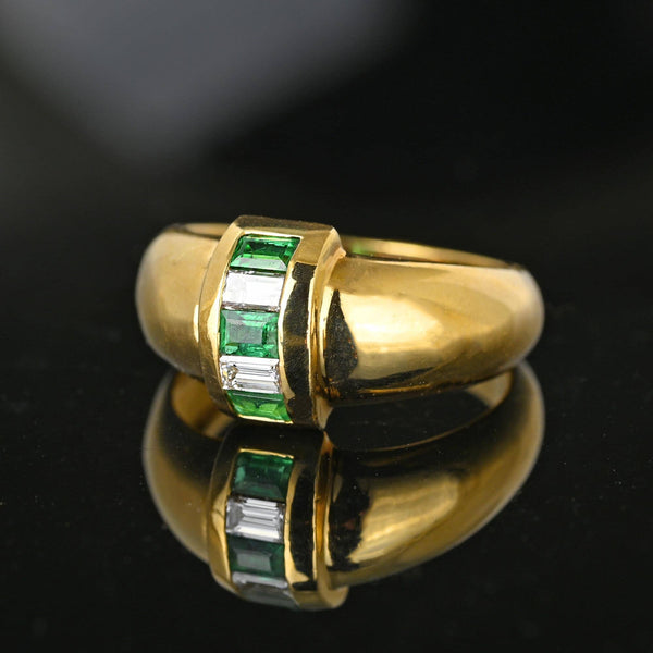 Vintage 18K Gold Roll Top Emerald Diamond Ring Band - Boylerpf