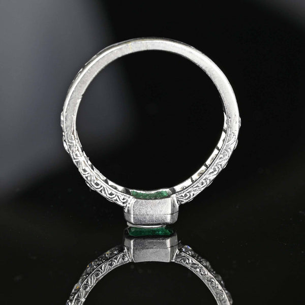Art Deco Platinum Mine Cut Diamond Emerald Ring - Boylerpf