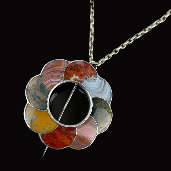 Large Antique Scottish Agate Brooch Pendant, C. 1860s