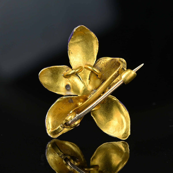 Art Nouveau 14K Gold Enamel Viola Pansy Brooch - Boylerpf