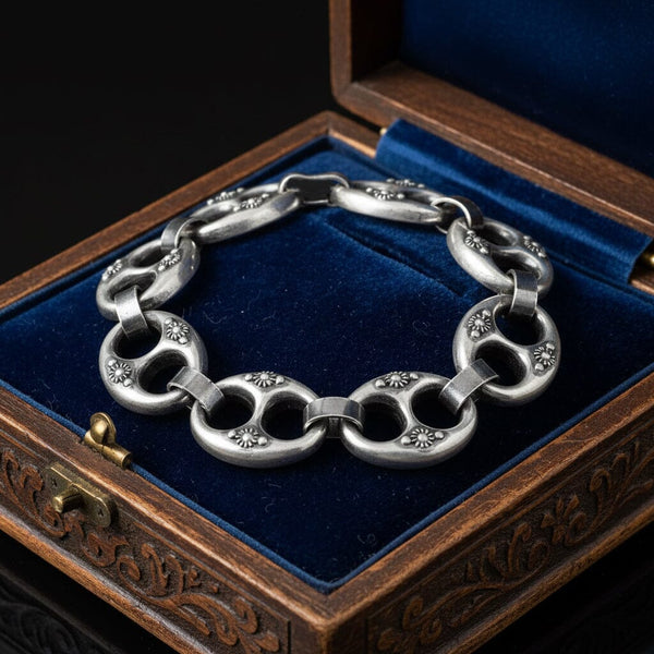 Antique Victorian Sterling Silver Etruscan Mariner Bracelet