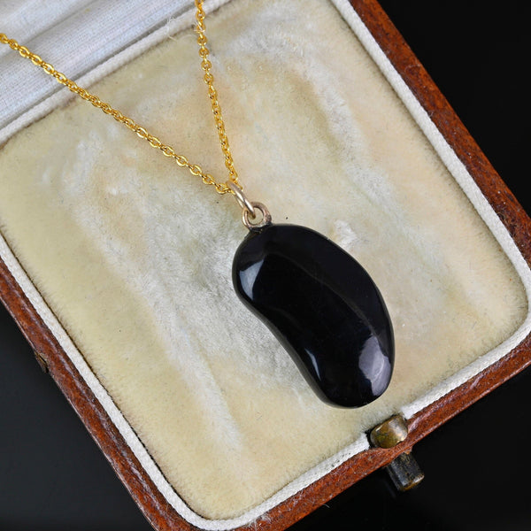 Vintage 9K Gold Black Whitby Jet Bean Pendant - Boylerpf