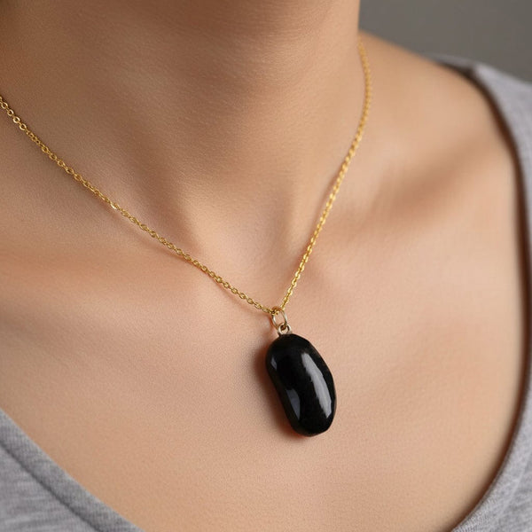 Vintage 9K Gold Black Whitby Jet Bean Pendant - Boylerpf