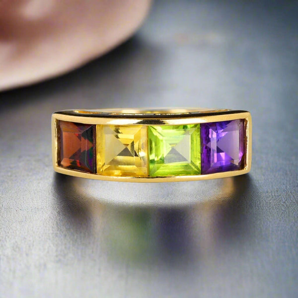 Vintage 14K Gold Gemstone Ring Band, Citrine Peridot Amethyst Garnet - Boylerpf