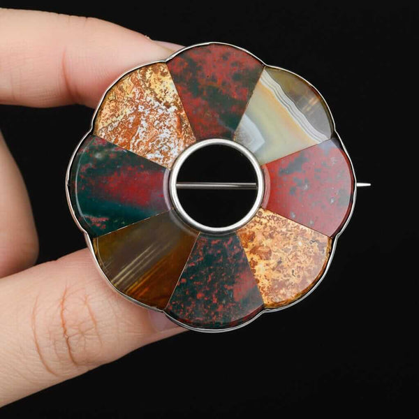 Antique Victorian Scottish Agate Brooch Sterling Silver Pin - Boylerpf
