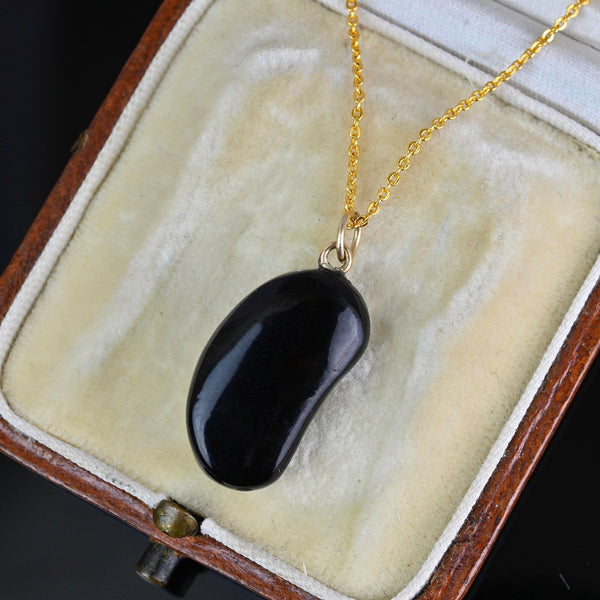 Vintage 9K Gold Black Whitby Jet Bean Pendant - Boylerpf