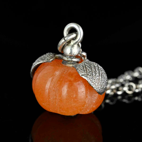 Silver Leaf Carved Pumpkin Orange Jade Pendant - Boylerpf