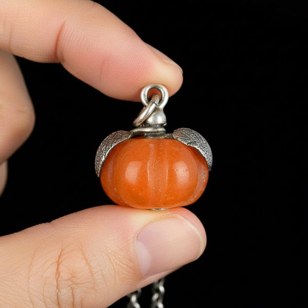Silver Leaf Carved Pumpkin Orange Jade Pendant - Boylerpf