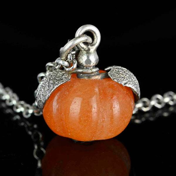 Silver Leaf Carved Pumpkin Orange Jade Pendant - Boylerpf