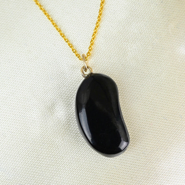 Vintage 9K Gold Black Whitby Jet Bean Pendant - Boylerpf