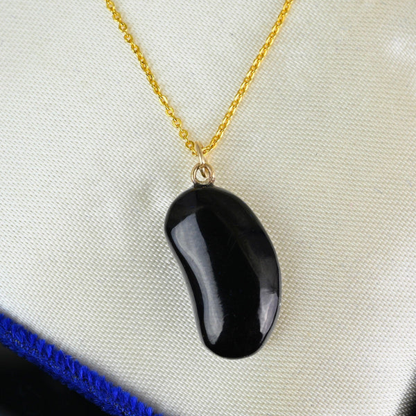 Vintage 9K Gold Black Whitby Jet Bean Pendant - Boylerpf