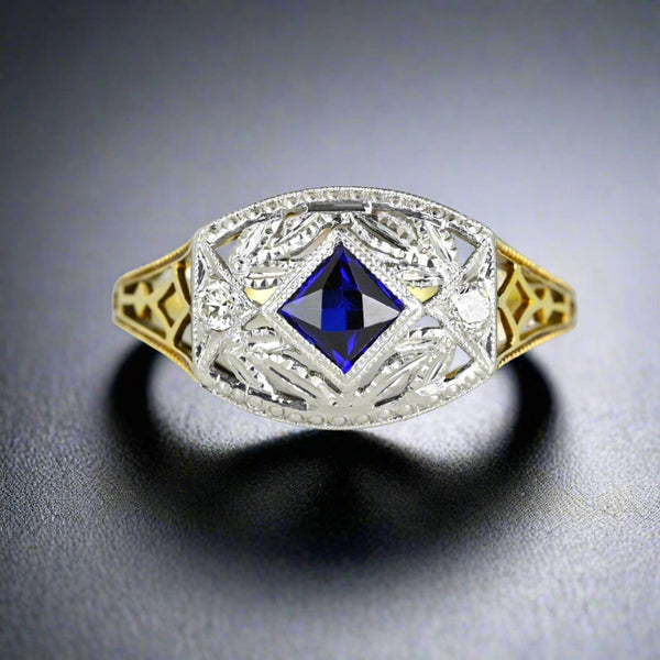 Art Deco Gold Filigree Diamond French Cut Sapphire Ring - Boylerpf