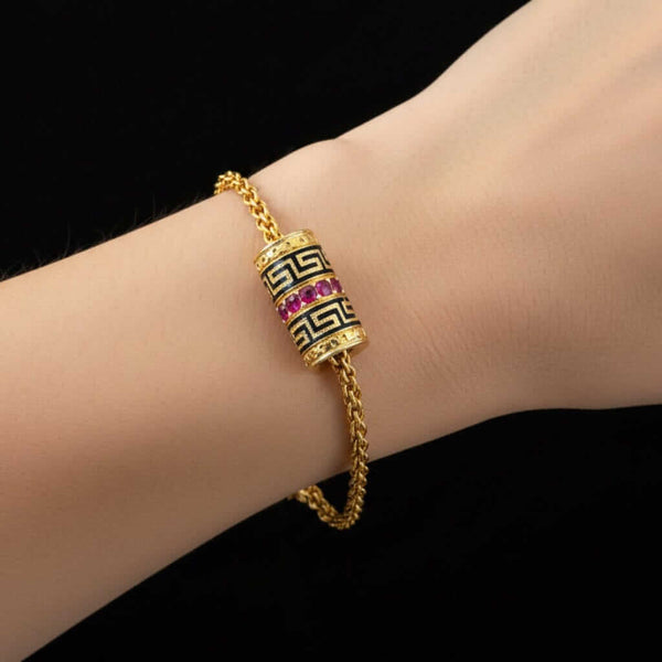 14K Gold Wheat Chain Bracelet, Ruby Greek Key Charm Slide - Boylerpf