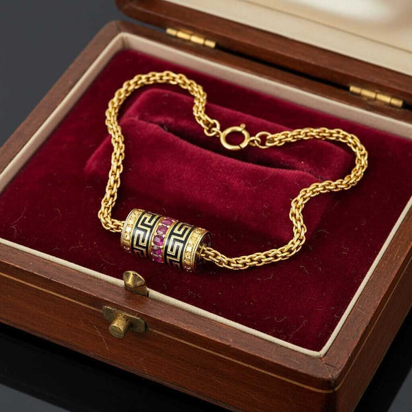 14K Gold Wheat Chain Bracelet, Ruby Greek Key Charm Slide - Boylerpf