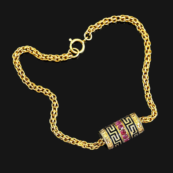 14K Gold Wheat Chain Bracelet, Ruby Greek Key Charm Slide - Boylerpf